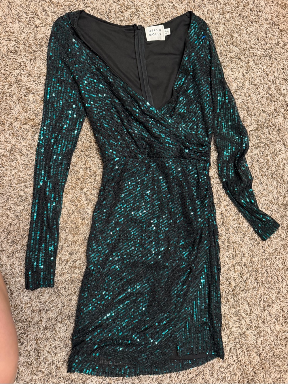 Hello Molly Teal Sequin Wrap-Effect Long Sleeve Dress